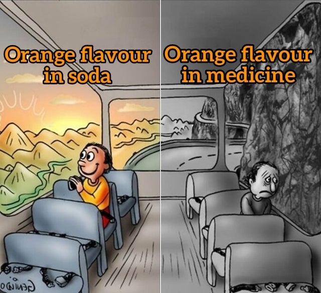 Orange flavour in soda vs orange flavour in medicine - meme