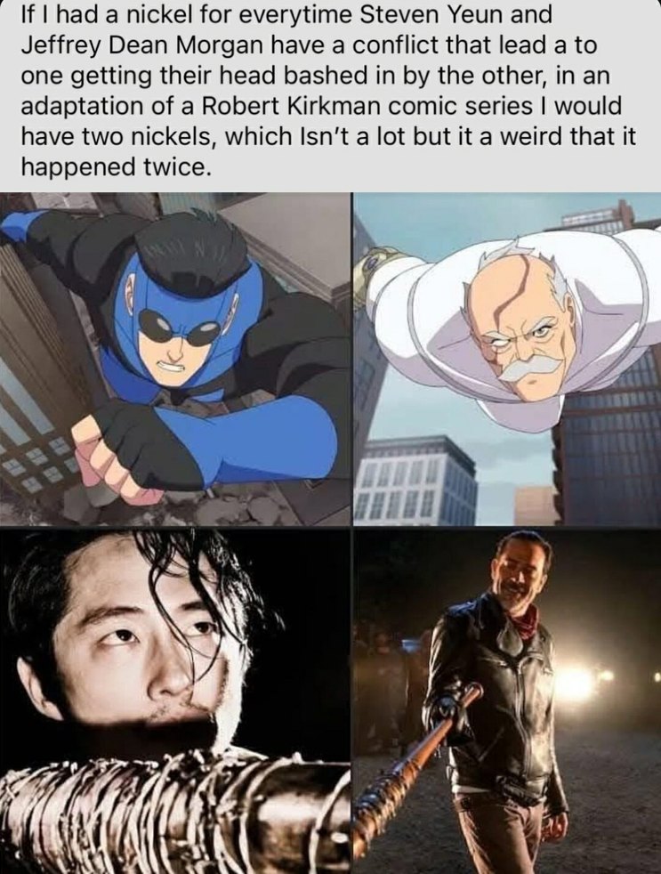 If I had a nickel for every time Steven Yeun and Jeffrey Dean Morgan clashed… - meme