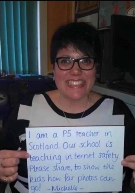 Sou uma professora P5 na Escócia. Nossa escola está ensinando segurança na Internet. Por favor, compartilhe, para mostrar às crianças até onde as fotos podem ir! -Michelle- // P0L4R - meme