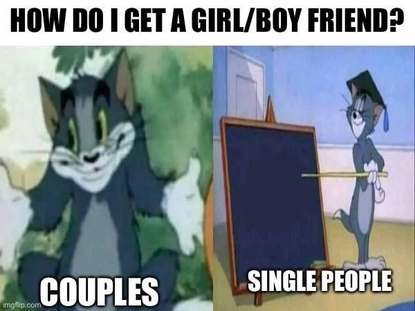 How do I get a partner? Couples: just vibe. Singles: pain - meme