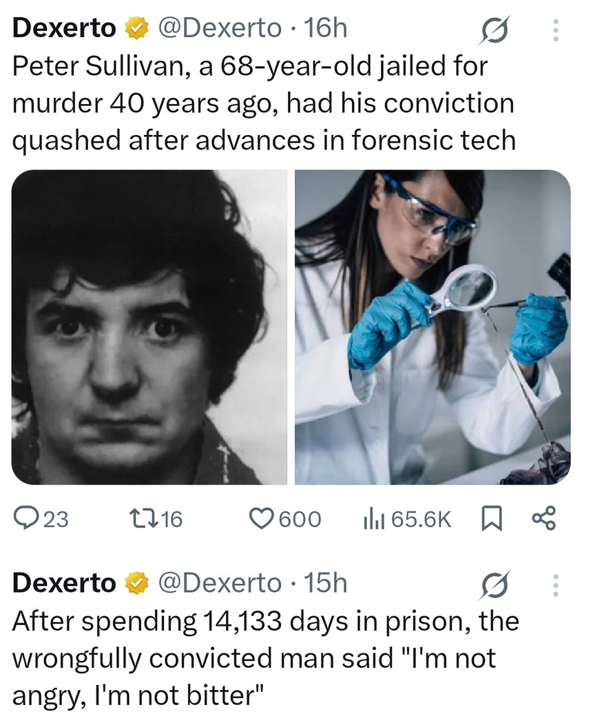 ﻿Dexerto @Dexerto 16h Peter Sullivan; a 68-year-old jailed for murder 40 years ago, had his conviction quashed after advances in forensic tech 23 216 600 Ill 65.6K Dexerto @Dexerto 15h After spending 14,133 days in prison, the wrongfully convicted man said “Im not angry; Im not bitter”