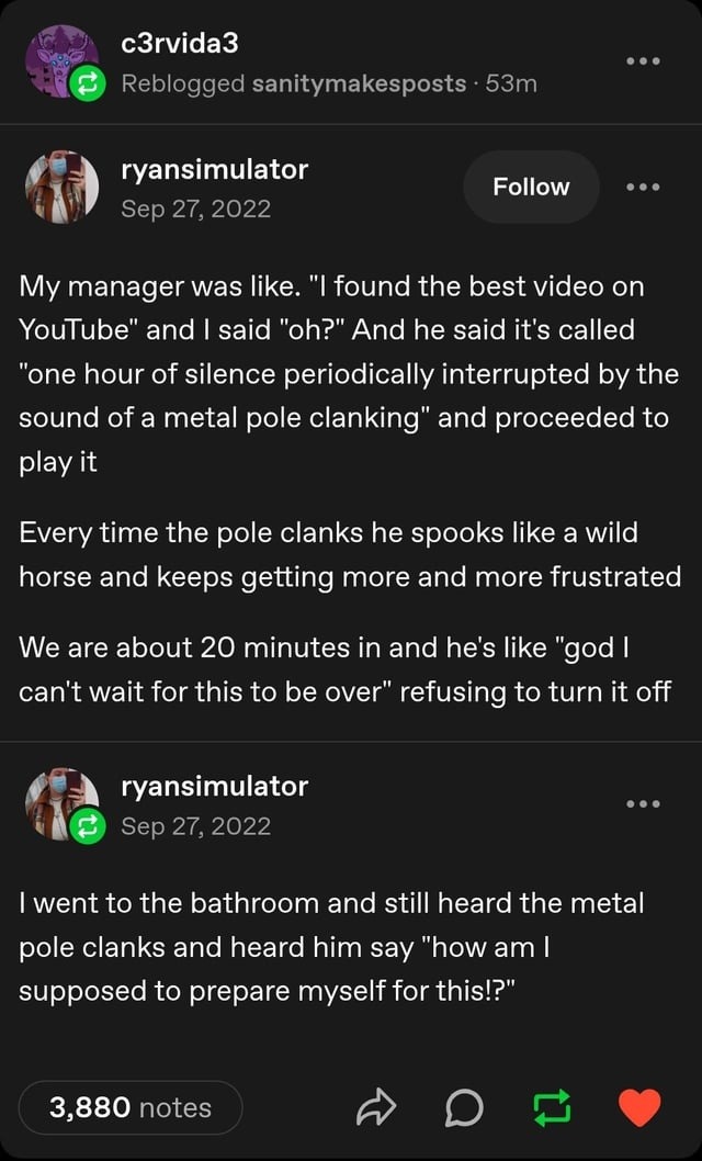 Manager spooked by metal clank noises for an hour straight - meme