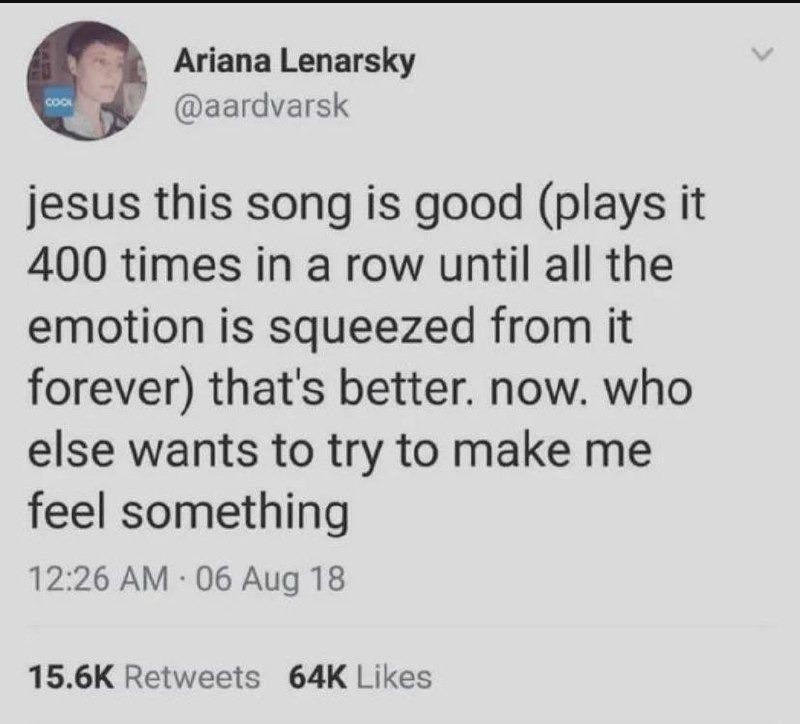 Song hits too hard? Loop it until it's numb and dead - meme