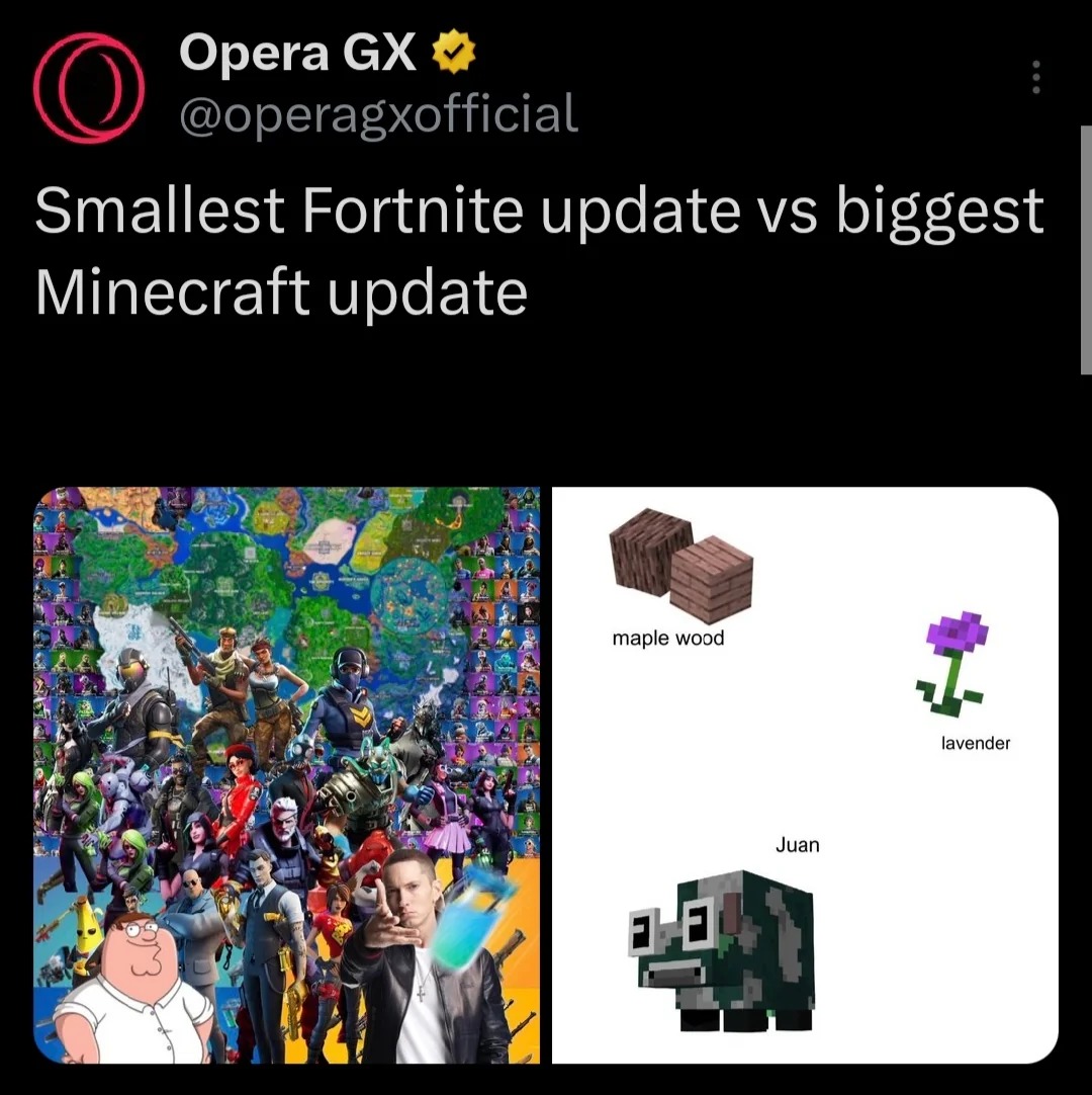 Fortnite updates vs Minecraft updates - meme