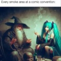 Every smoke area at a comic convention (both are boys)