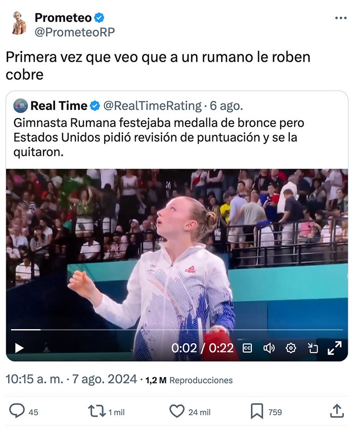 Le roban el bronce a la gimnasta rumana - meme