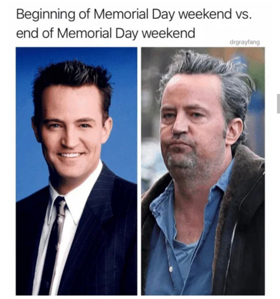 start of memorial weekend vs end of it: spot the difference - meme