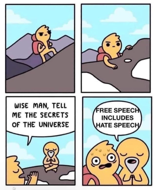 Wise man: tell me the secrets of the universe. Internet: FREE SPEECH vs HATE SPEECH - meme