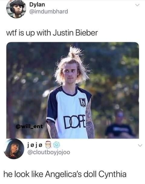 Justin Bieber looking like Cynthia after a rough shift - meme