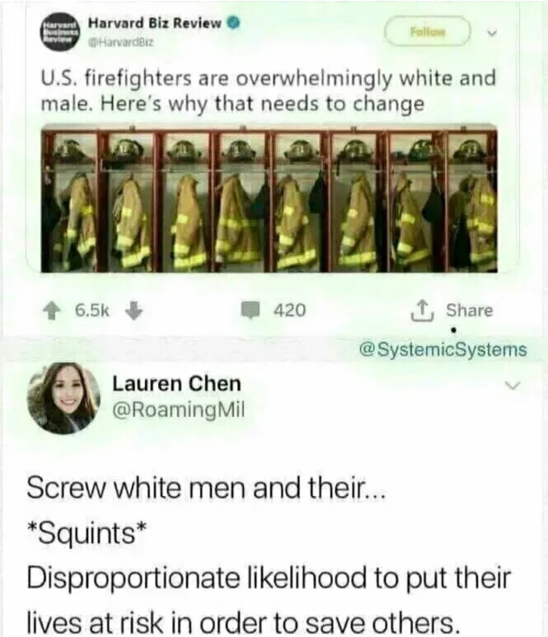 How dare those unselfish firemen be WHITE - meme