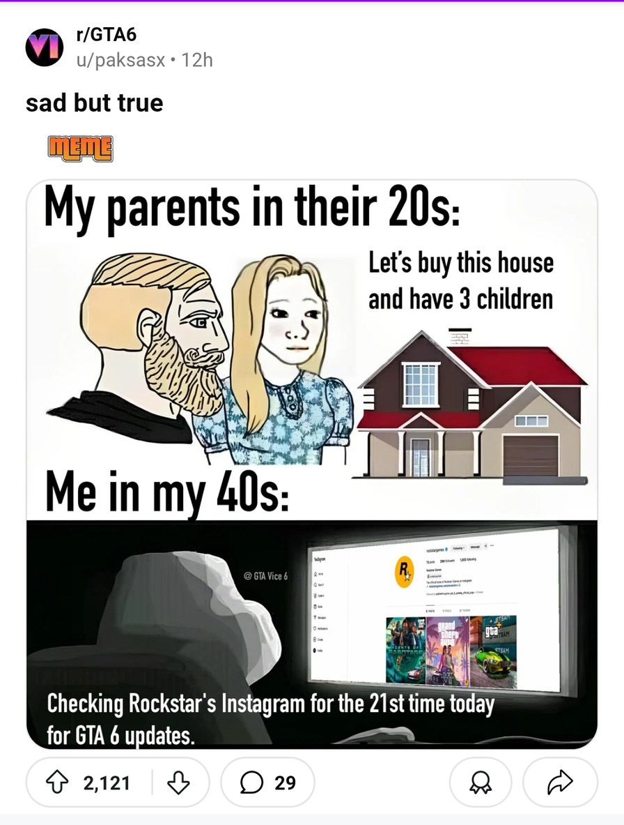 "Our parents planned by buying a house; we plan by waiting for GTA 6!  - meme