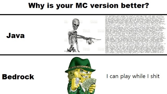 bedrock fans when java users play while pooping - meme