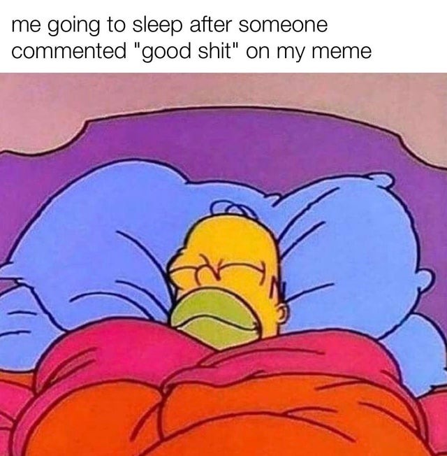 Me going to sleep after someone commented good shit on my meme