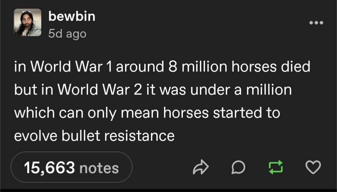 Horses in WW1: 8 million lost. Horses in WW2: Bulletproof evolution activated - meme
