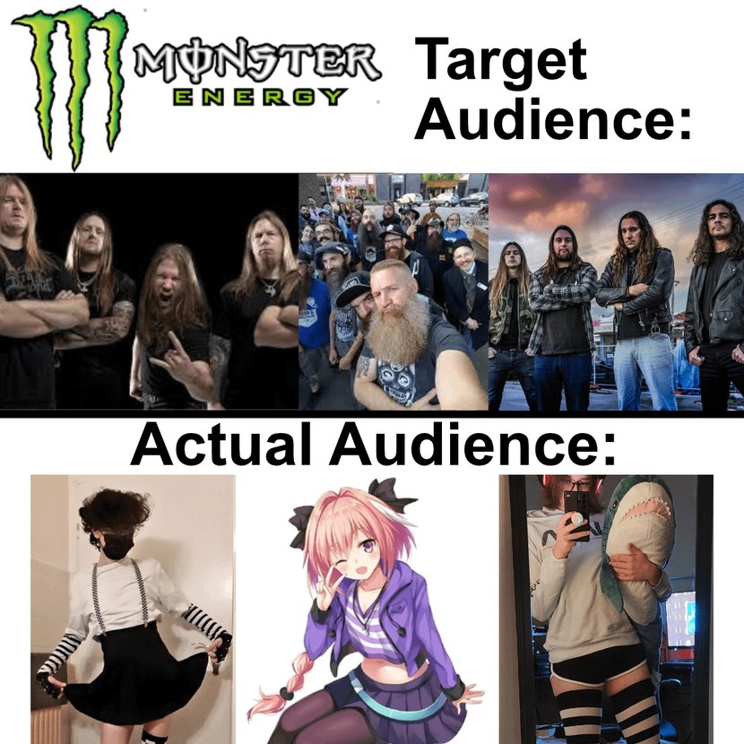 Energy drinks marketing to monsters but actual audience is this - meme