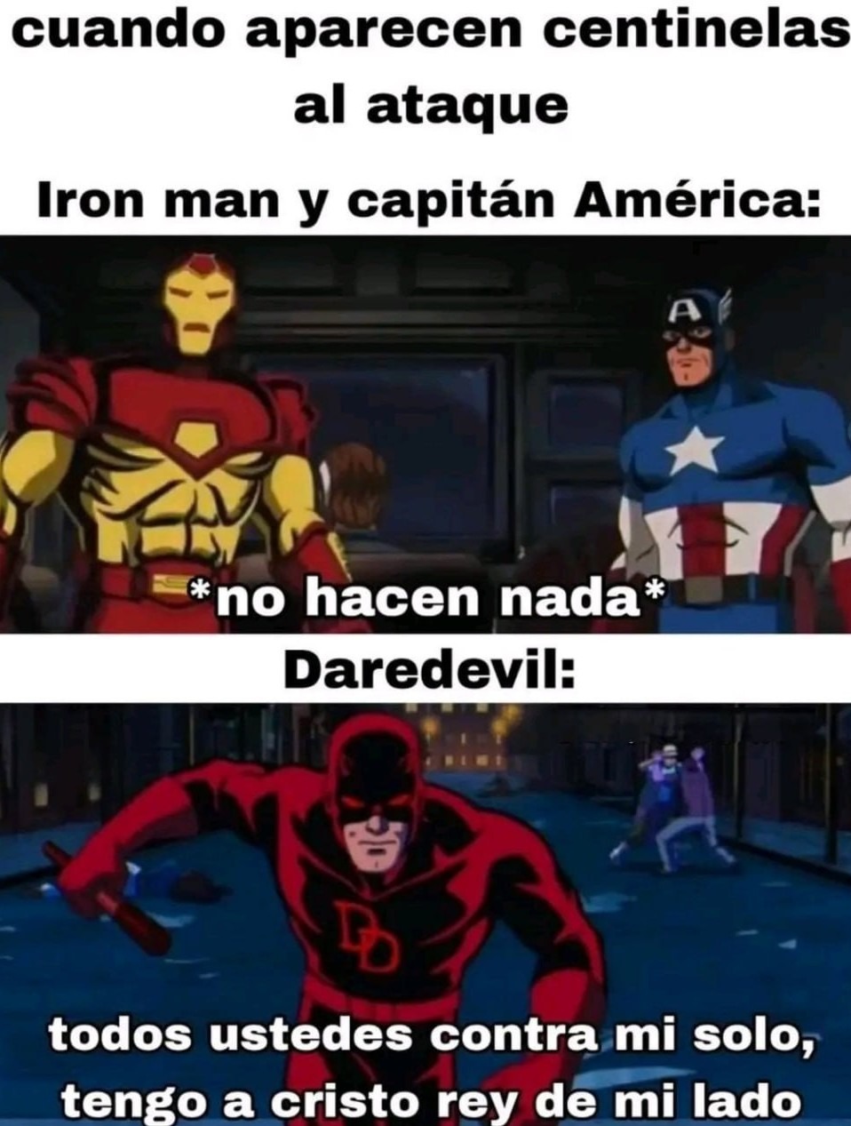 Daredevil peleando solo mientras los otros miran como memes