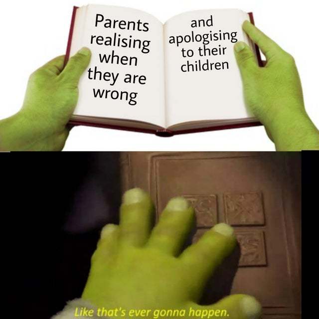 Parents realising when they are wrong - meme