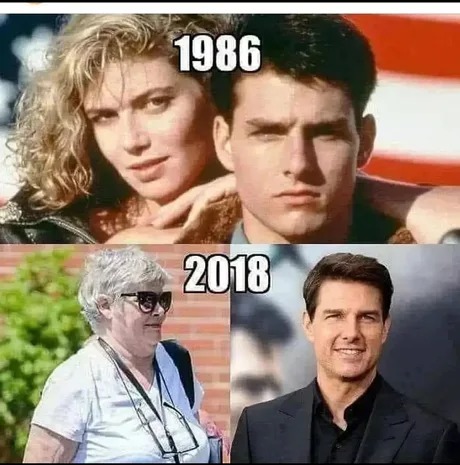 Meme of Tom Cruise through time compared to his partner in Top Gun Kelly McGillis