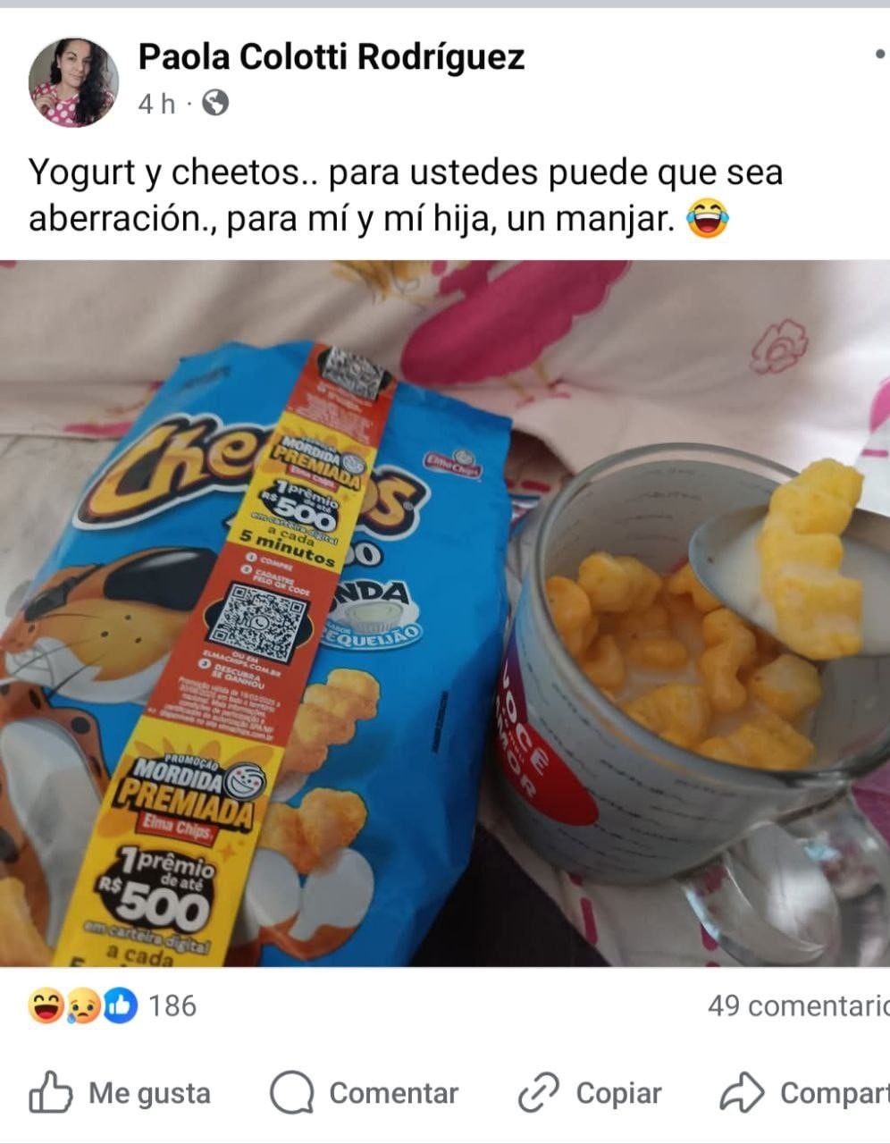 yogur con cheetos: aberración pa' ti, manjar pa' mí y mi hija - meme