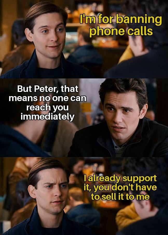 I'm fully onboard with banning phone calls no need to convince me - meme