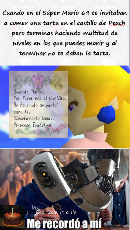 The cake is a lie(Portal)(Mario 64) - meme