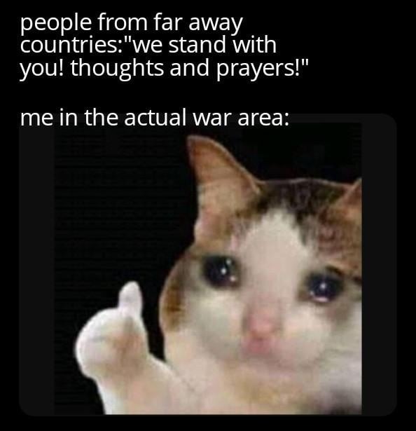People far away: thoughts and prayers. Me in the war zone: bro really? - meme