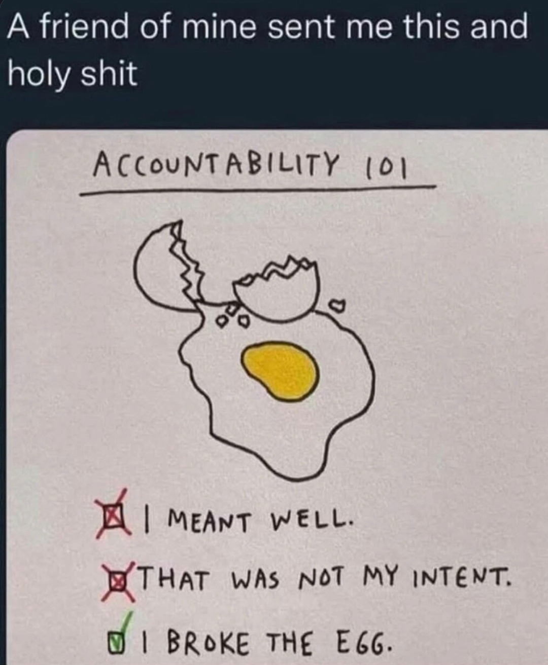 That moment when accountability cracks the egg - meme