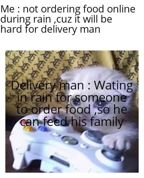 delivery man waiting in rain - meme