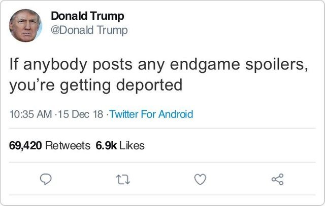 If anybody posts endgame spoilers you are getting deported - meme