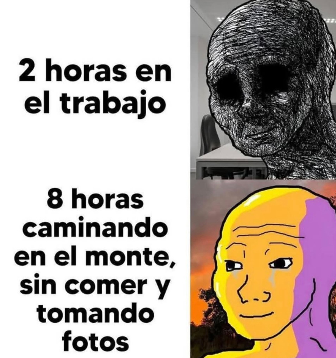 2 horas en la oficina me matan, pero 8 horas caminando el monte? facilito - meme