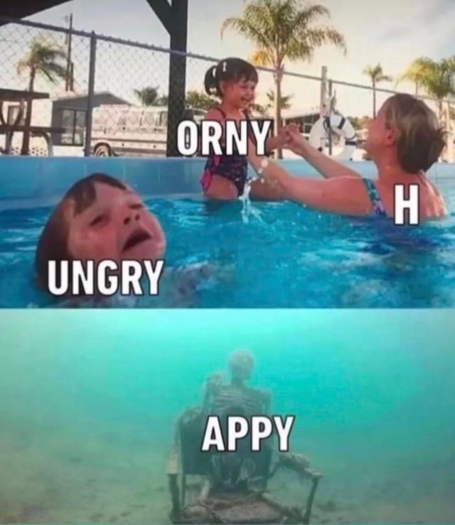 Horny, hungry, happy - meme