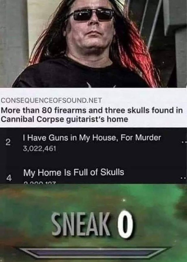 More than 80 firearms and three skulls found in Cannibal Corpse guitarist's home - meme