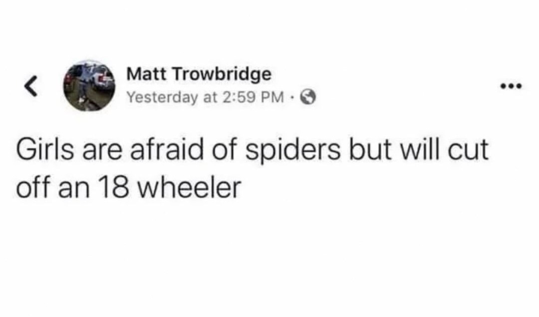 ﻿Matt Trowbridge Yesterday at 2:59 PM Girls are afraid of spiders but will cut off an 18 wheeler