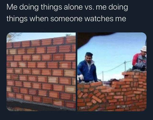 Doing things alone vs doing things when someone watches me - meme