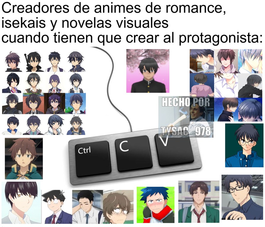 1-es un tipo promedio, de 17-25, de pelo oscuro despeinado, sin chiste (para q los espectadores se auto-inserten) al q de repente le llueven minas 2-quiza sea self insert del autor 3-el enfoque en esas obras va mas a las protagonistas femeninas - meme