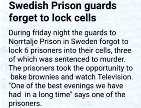 Swedish Prison guards forget to lock cells - meme