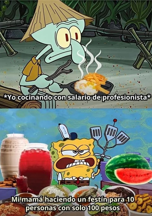 Yo cocinando con salario de pro, mi madre haciendo banquete pa 10 con 100 pesos - meme