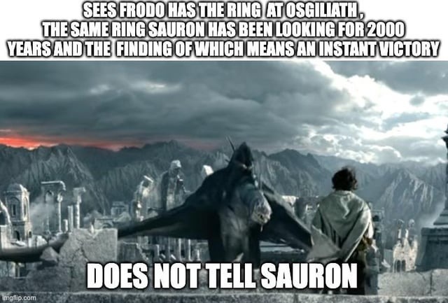 Frodo has the ring and literally no one tells Sauron - meme