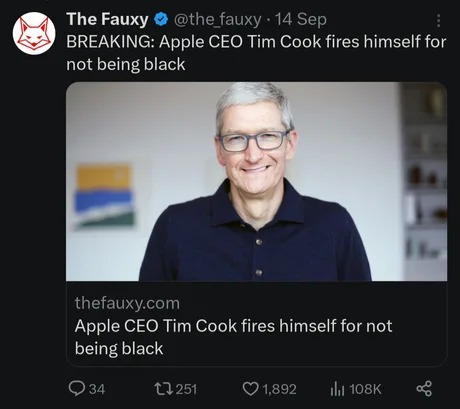 Apple CEO Tim Cook fires himself for not being black - meme