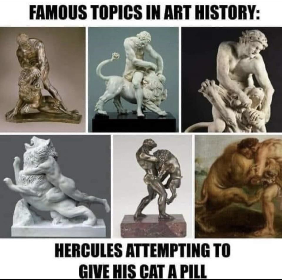 Hercules trying to gift his caterpillar in ancient Greece - meme
