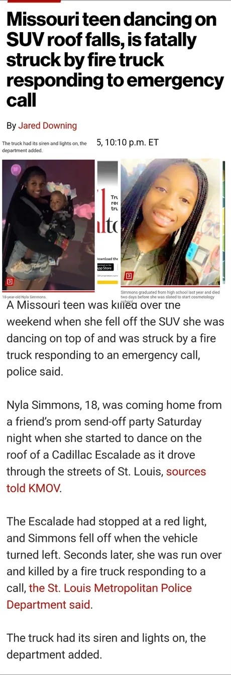 Teen falls off SUV while dancing, struck by fire truck - meme