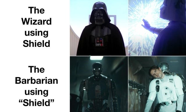 wizard uses shield, barbarian uses SHIELD - meme