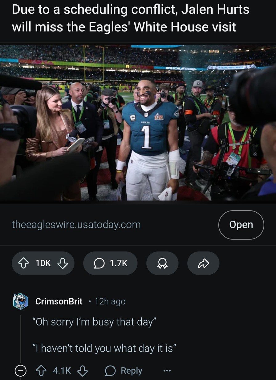 Jalen Hurts skipping the White House like a pro - meme
