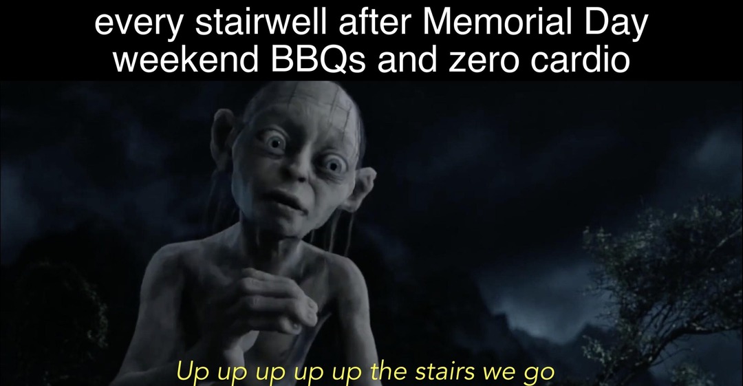 Walking up stairs after one BBQ like it's Everest - meme