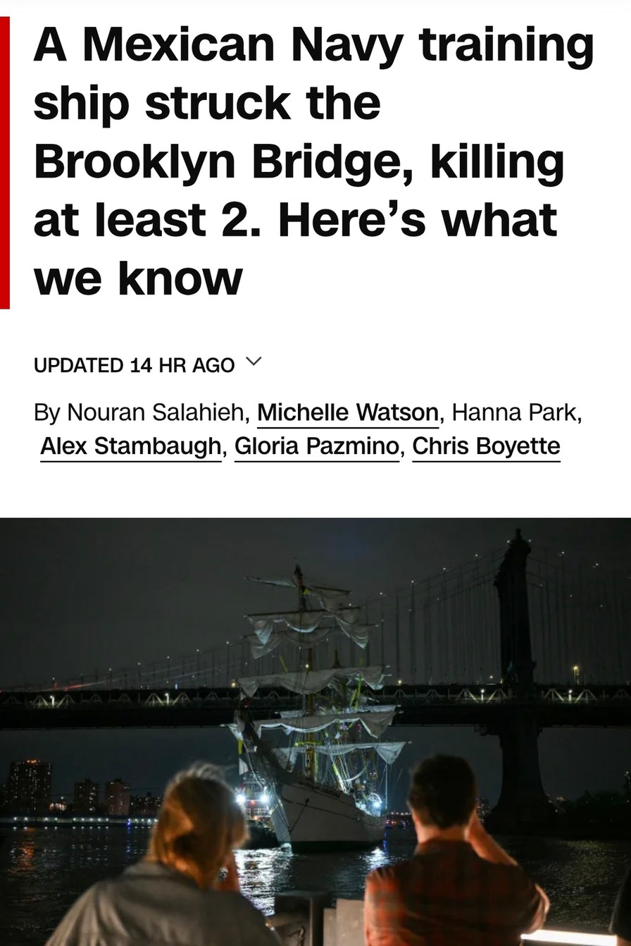 Mexican Navy ship hits Brooklyn Bridge, kills 2 - meme