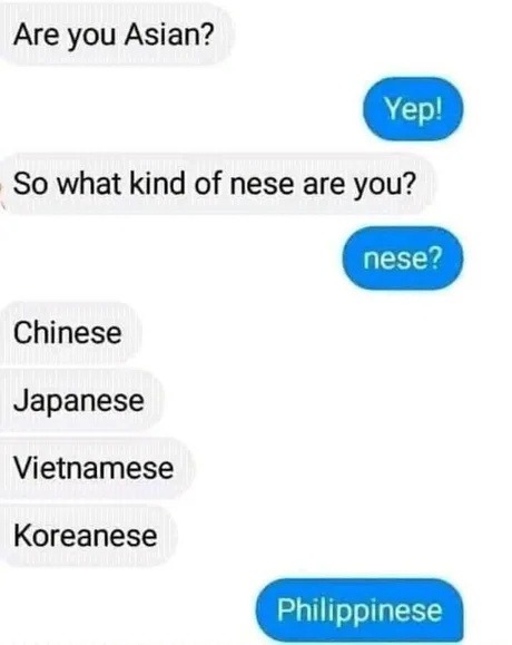 ﻿Are you Asian? Yepl So what kind of nese are you? nese? Chinese Japanese Vietnamese Koreanese Philippinese
