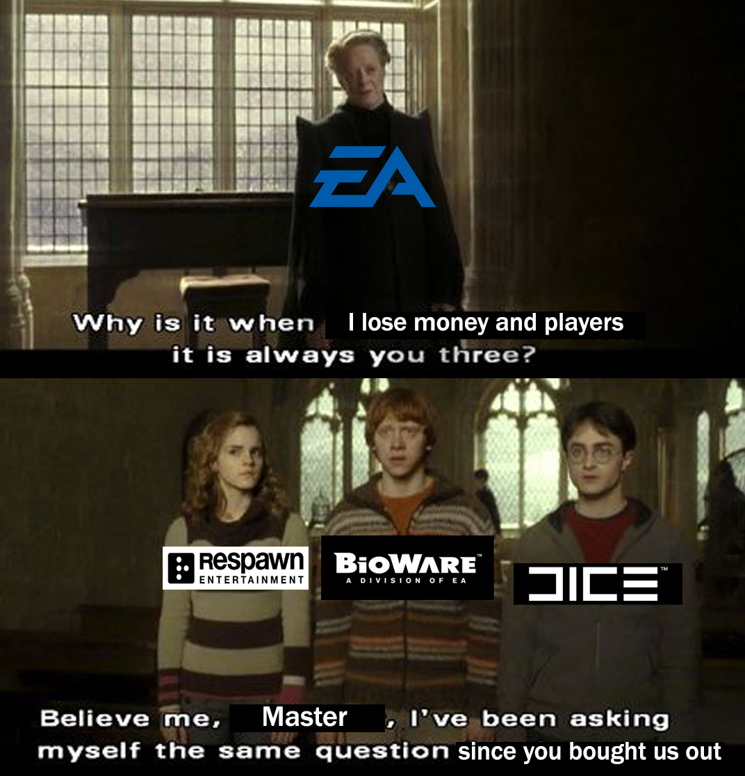 Bad time to be at EA right now: Bioware's leads are all but gone, COD is catching up with BF, and Apex devs fucked up - meme