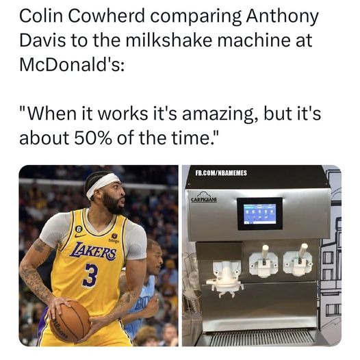 Colin Cowherd comparing Anthony Davis to the milshake machine at McDonalds - meme
