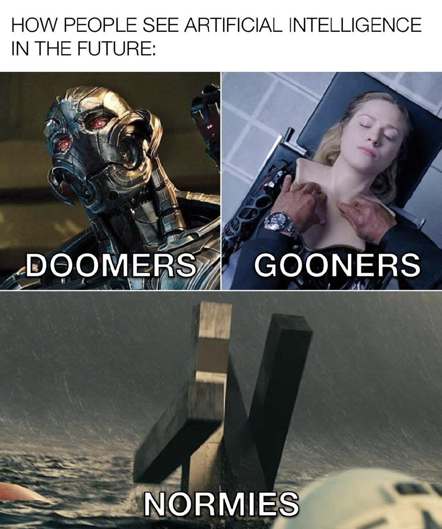 How people see AI: doomers, gooners, normies, pick your fighter - meme