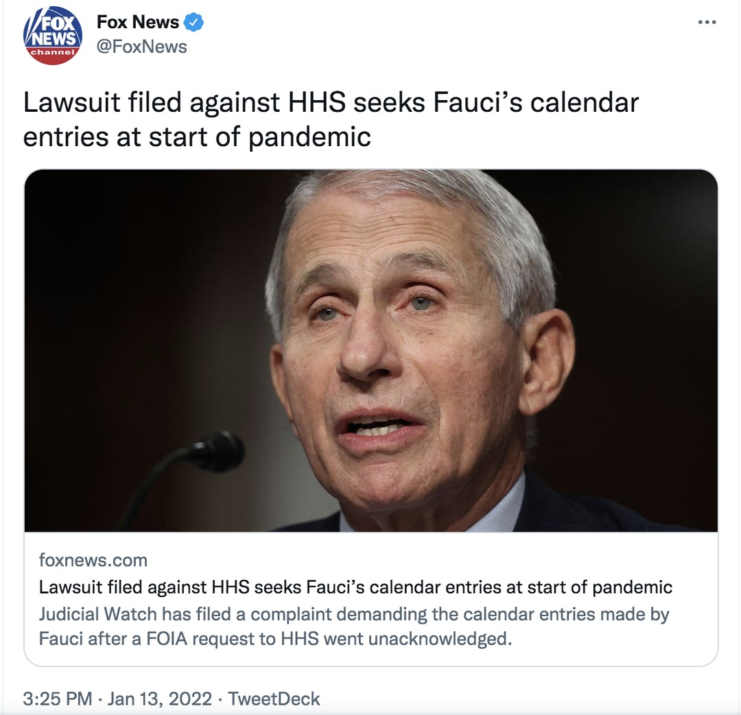 Judicial Watch has filed a complaint after a Freedom of Information Act (FOIA) request to the Department of Health and Human Services (HHS) went unacknowledged. The group is demanding the calendar entries made by Fauci - meme